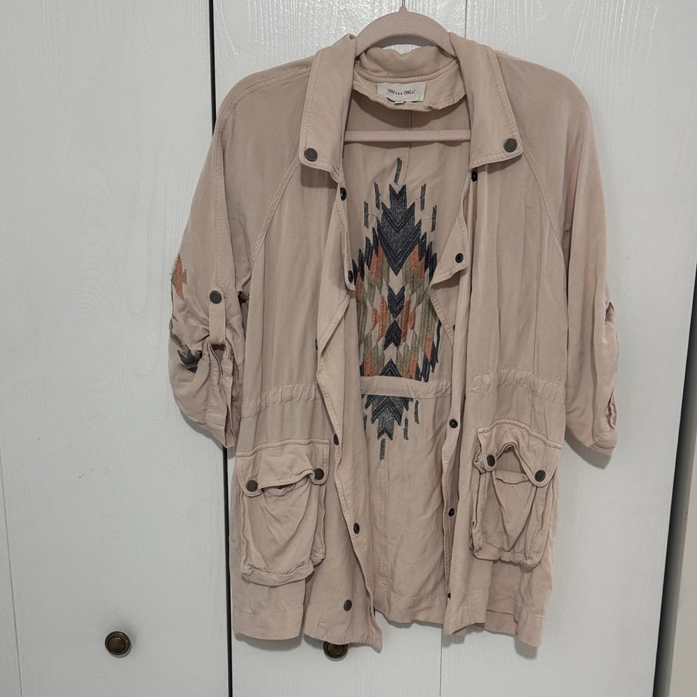 Miss Me Light Pink Utility Jacket with Embroidered Pattern